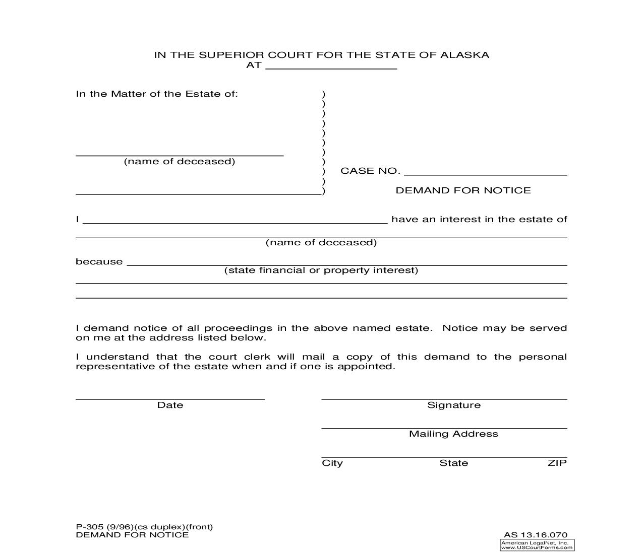 Demand For Notice {P-305} | Pdf Fpdf Doc Docx | Alaska