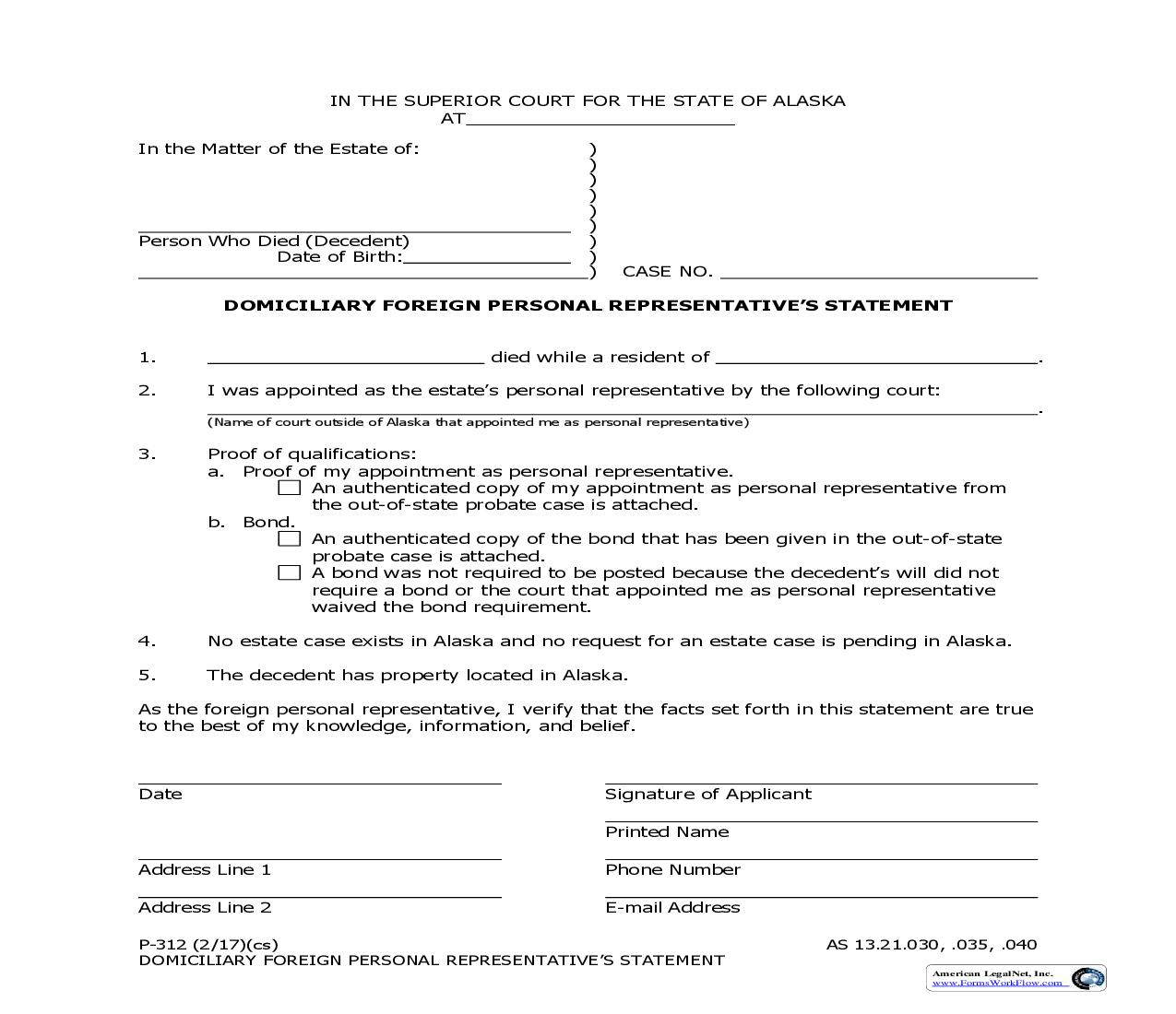 Domiciliary Foreign Personal Representatives Statement {P-312} | Pdf Fpdf Doc Docx | Alaska