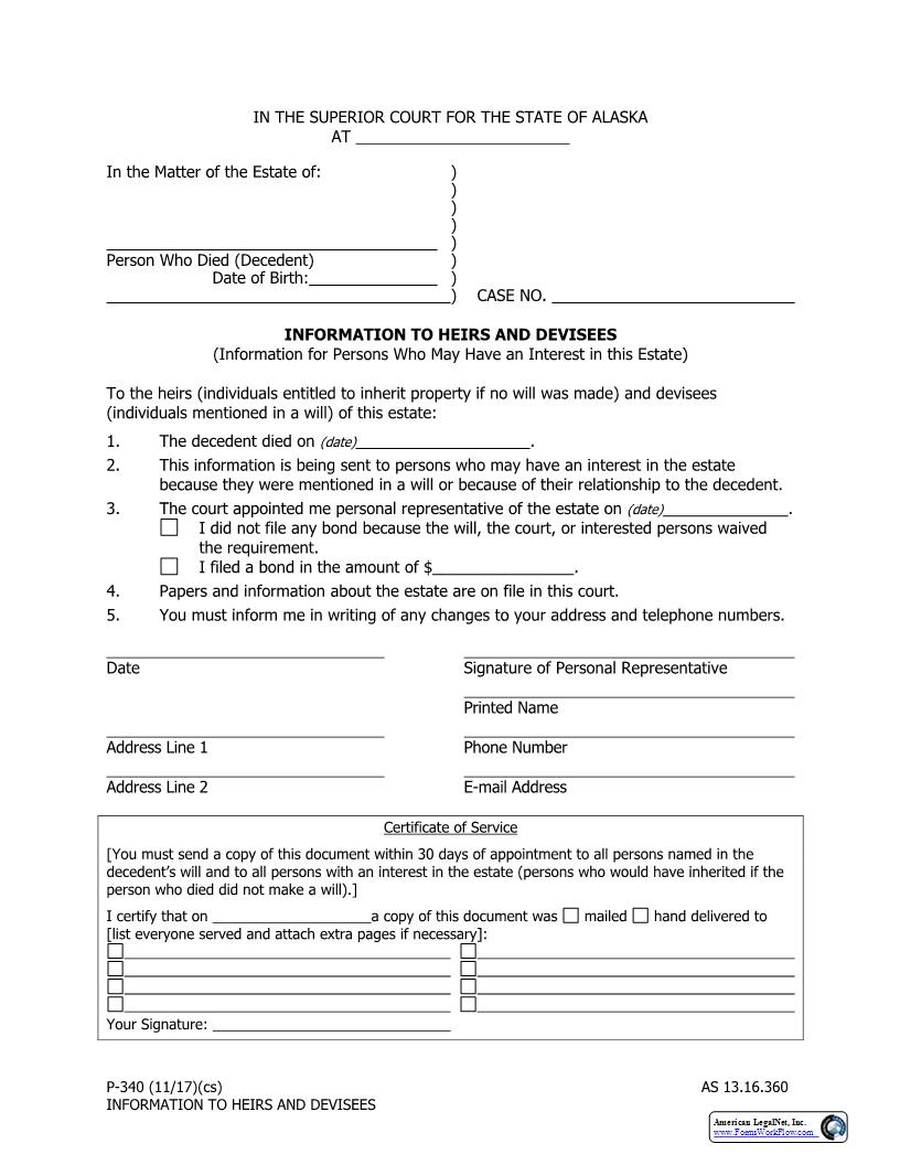 Information To Heirs And Devisees {P-340} | Pdf Fpdf Docx | Alaska
