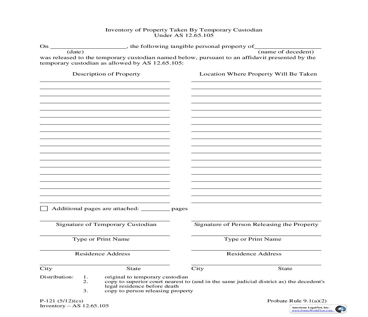 Inventory Of Property Taken By Temporary Custodian {P-121} | Pdf Fpdf Doc Docx | Alaska