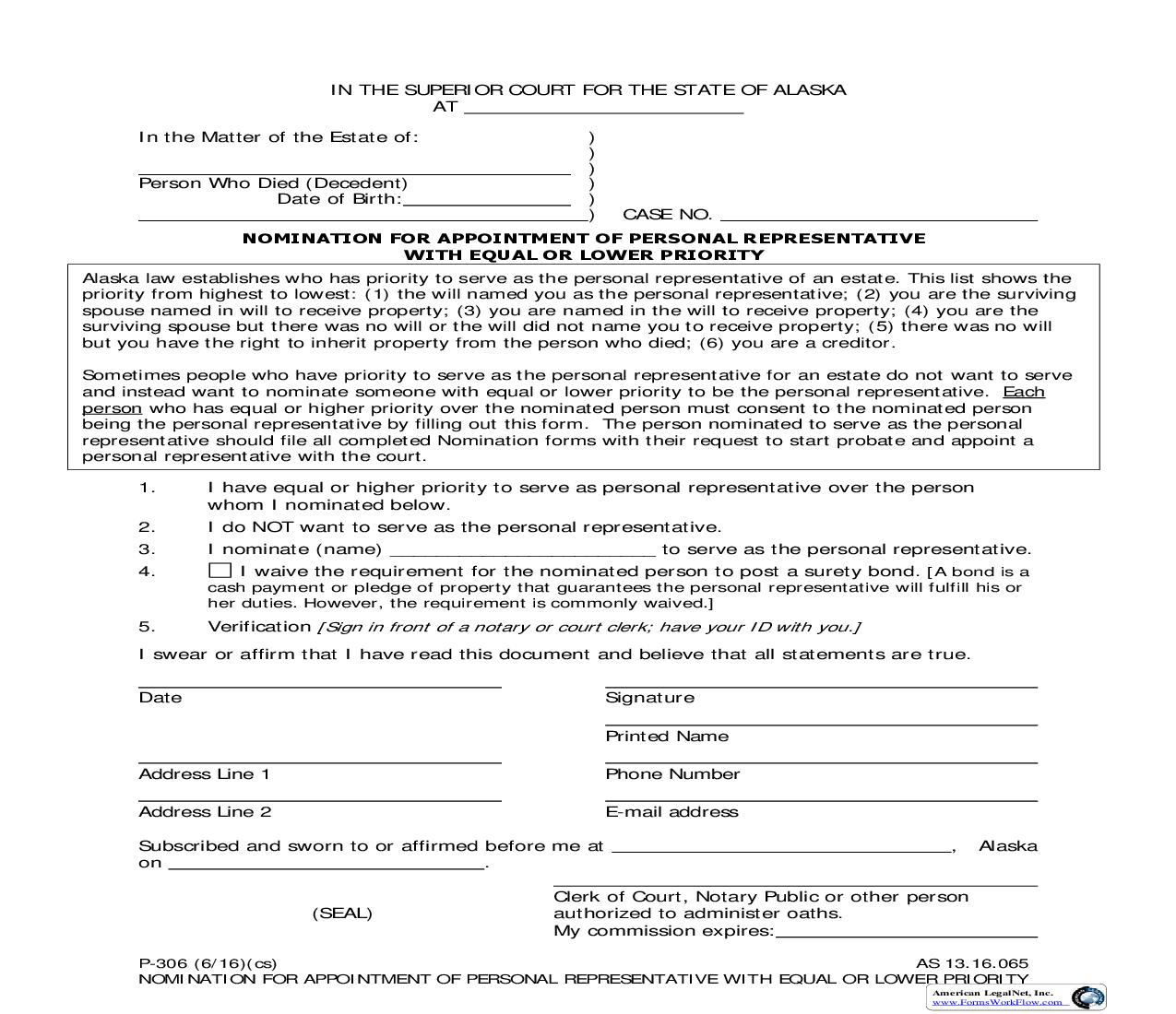 Nomination For Appointment Of Personal Representative With Equal Or Lower Priority {P-306} | Pdf Fpdf Doc Docx | Alaska