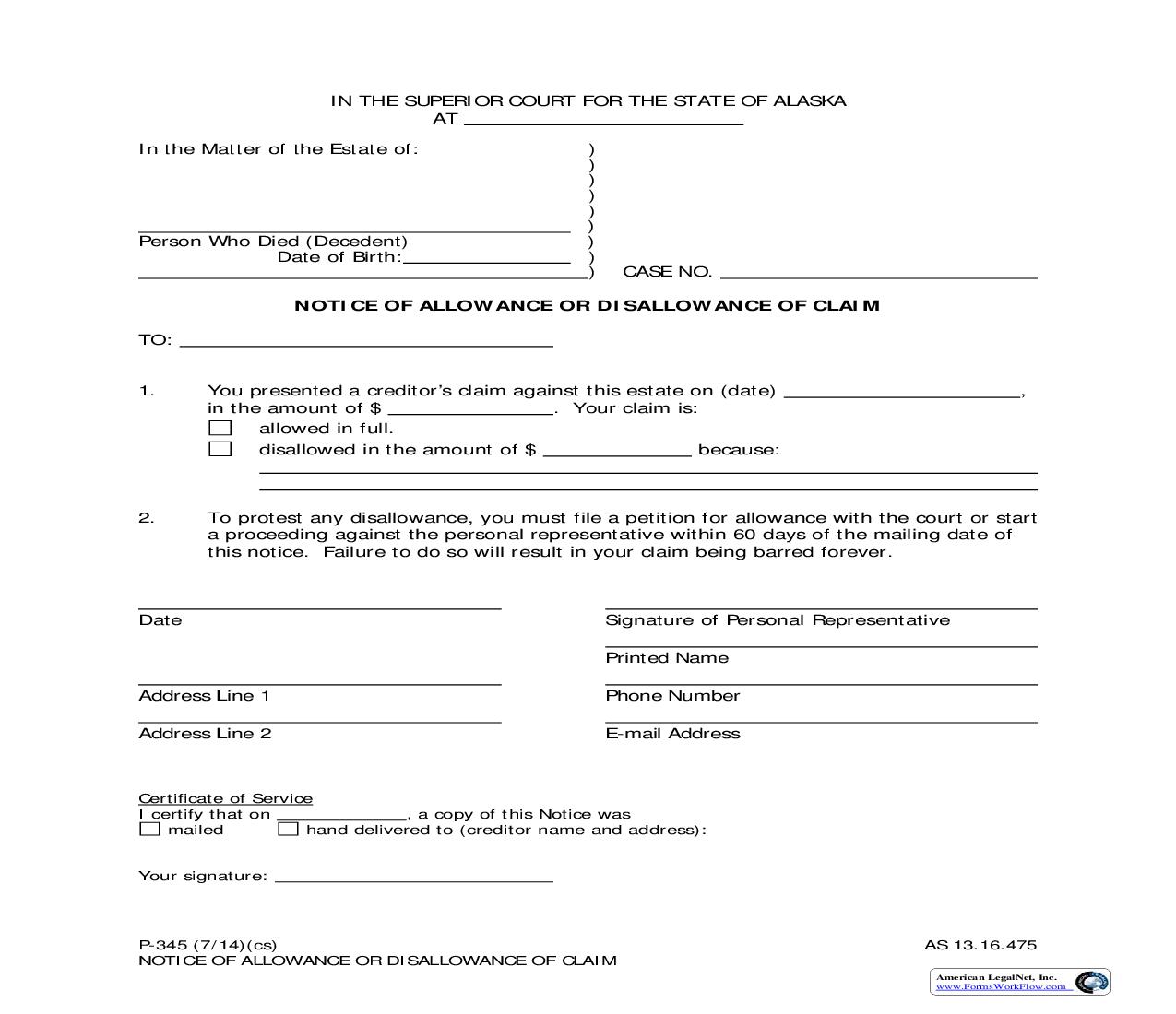 Notice Of Allowance Or Disallowance Of Claim {P-345} | Pdf Fpdf Doc Docx | Alaska