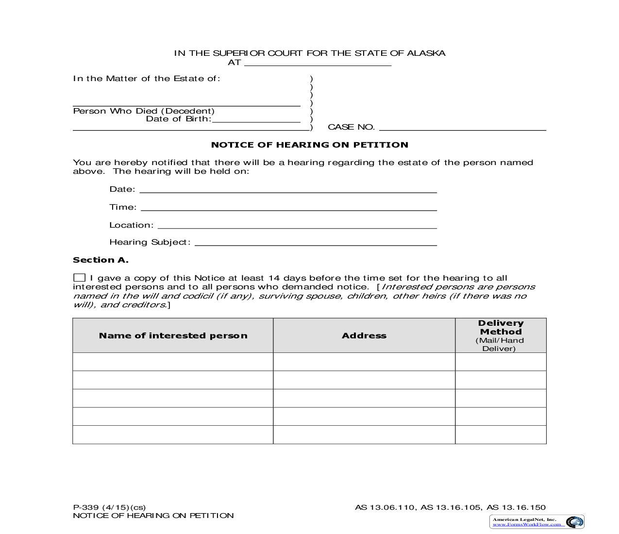 Notice Of Hearing On Petition {P-339} | Pdf Fpdf Doc Docx | Alaska
