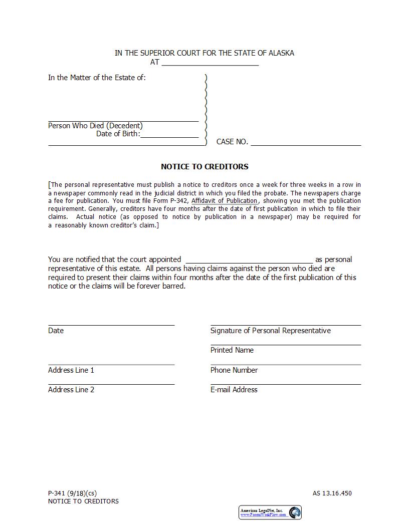 Notice To Creditors {P-341} | Pdf Fpdf Docx | Alaska
