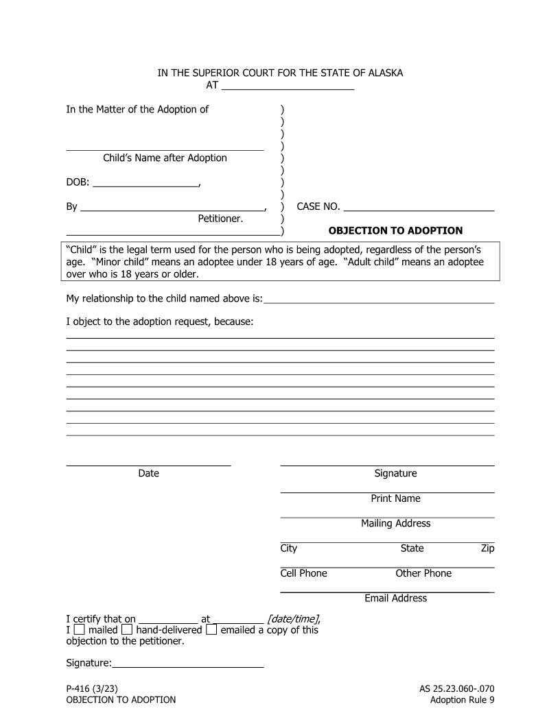 Objection To Adoption {P-416} | Pdf Fpdf Doc Docx | Alaska