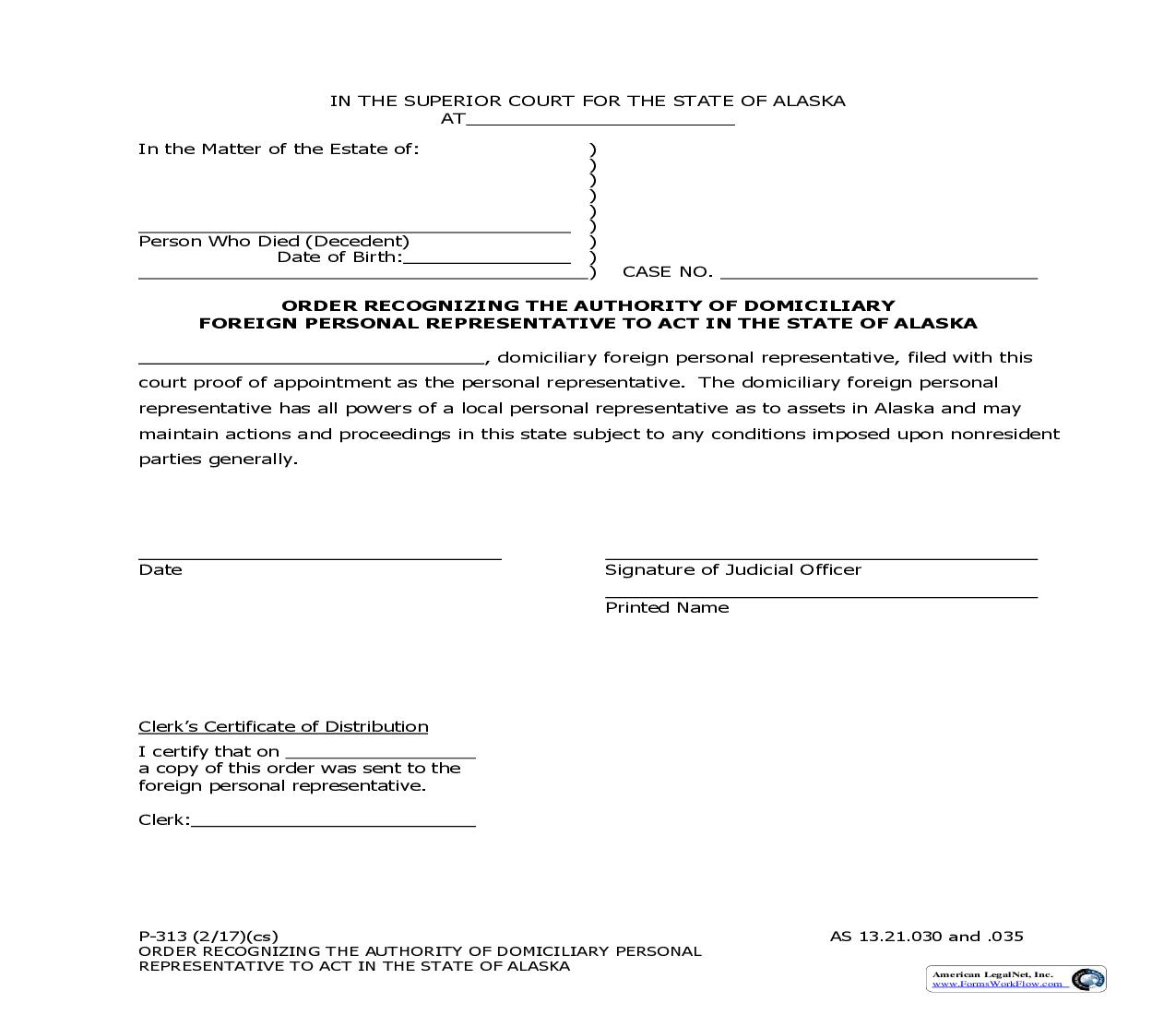Order Recognizing The Authority Of Domiciliary Foreign Personal Representative {P-313} | Pdf Fpdf Doc Docx | Alaska