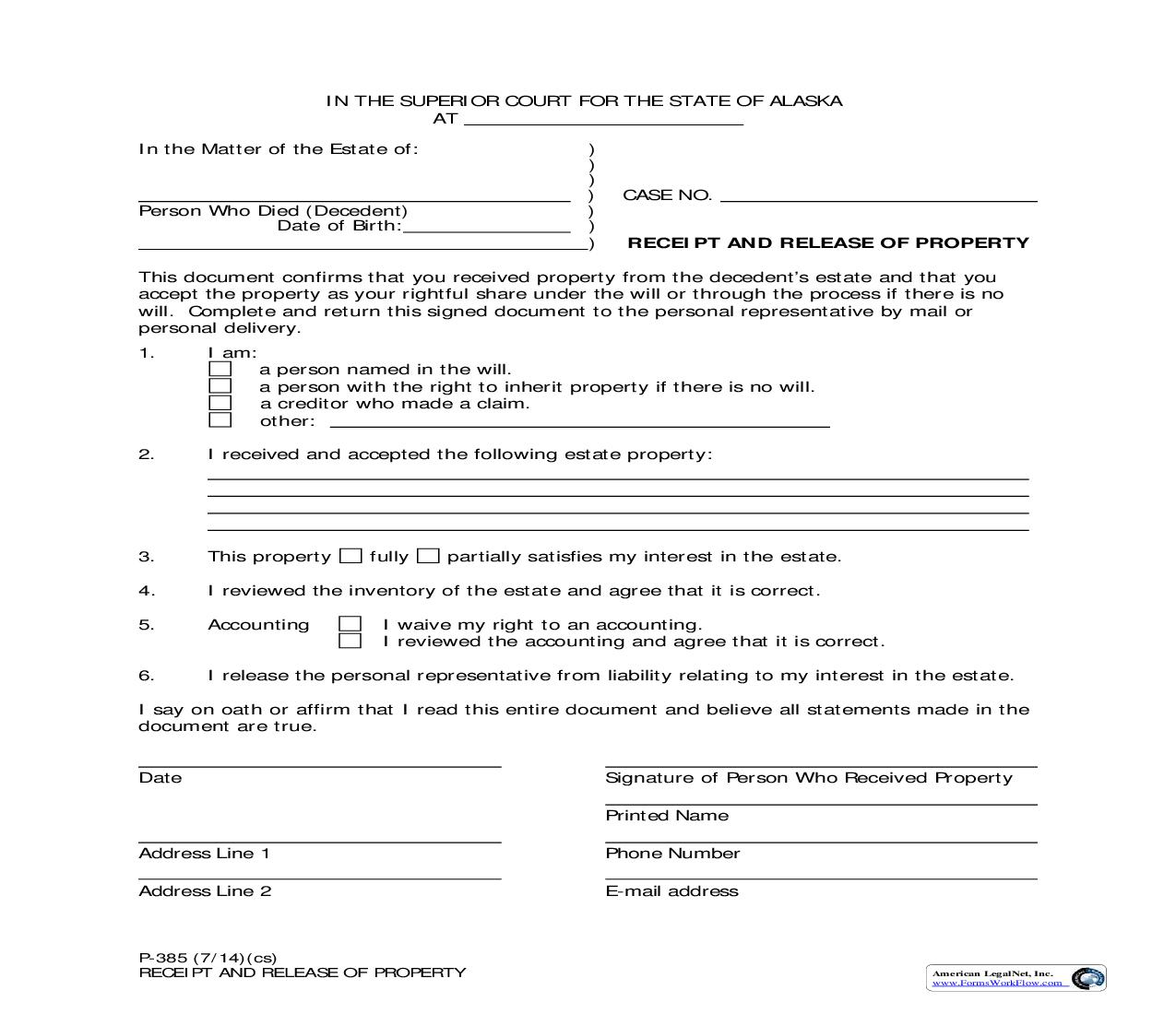 Receipt And Release Of Property {P-385} | Pdf Fpdf Doc Docx | Alaska