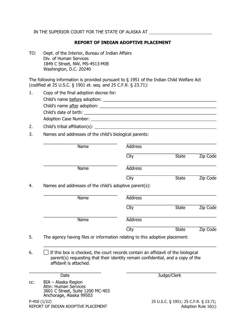 Report Of Indian Adoptive Placement {P-450} | Pdf Fpdf Docx | Alaska