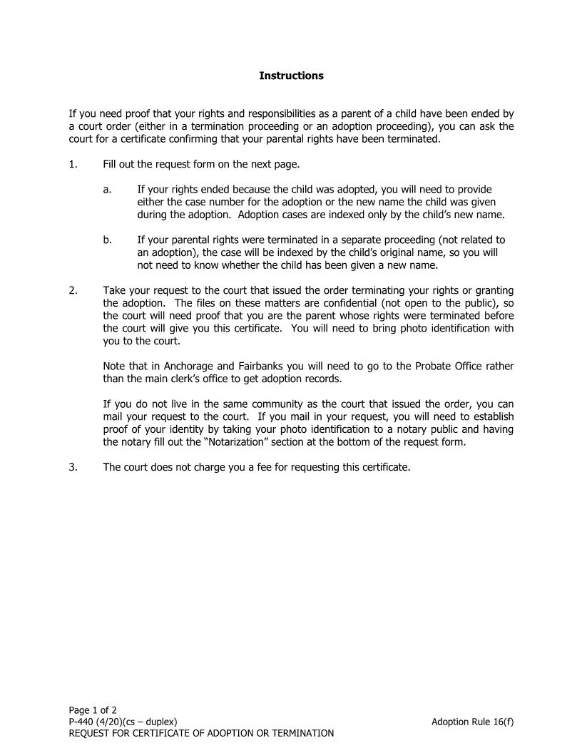 Request For Certificate Of Adoption Or Termination Of Parental Rights {P-440} | Pdf Fpdf Doc Docx | Alaska