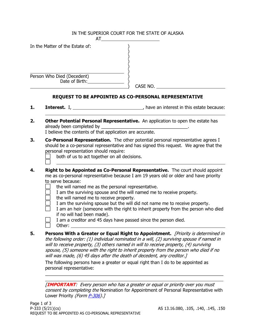 Request To Be Appointed As Co-Personal Representative {P-333} | Pdf Fpdf Doc Docx | Alaska