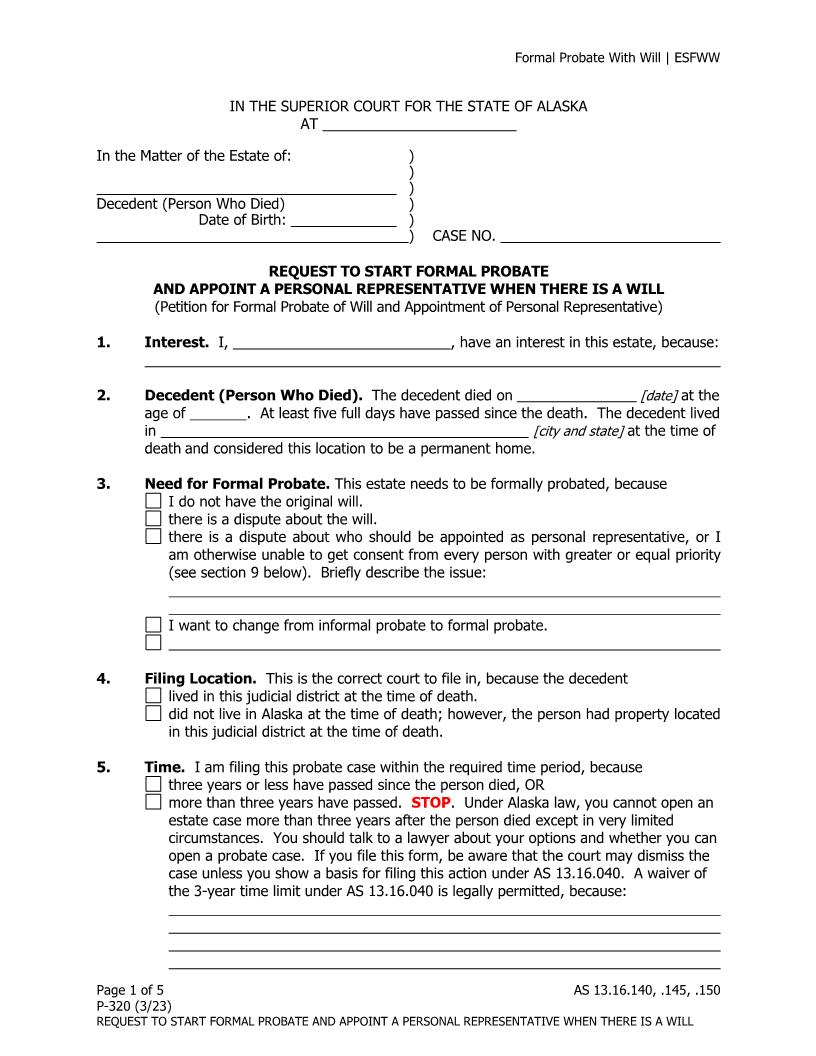 Request To Start Formal Probate And Appoint A Personal Representative When There Is A Will {P-320} | Pdf Fpdf Doc Docx | Alaska