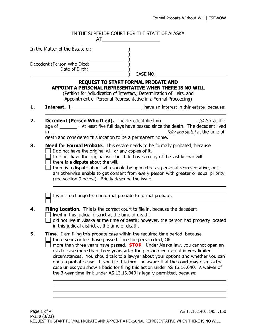 Request To Start Formal Probate And Appoint A Personal Representative When There is No Will {P-330} | Pdf Fpdf Doc Docx | Alaska