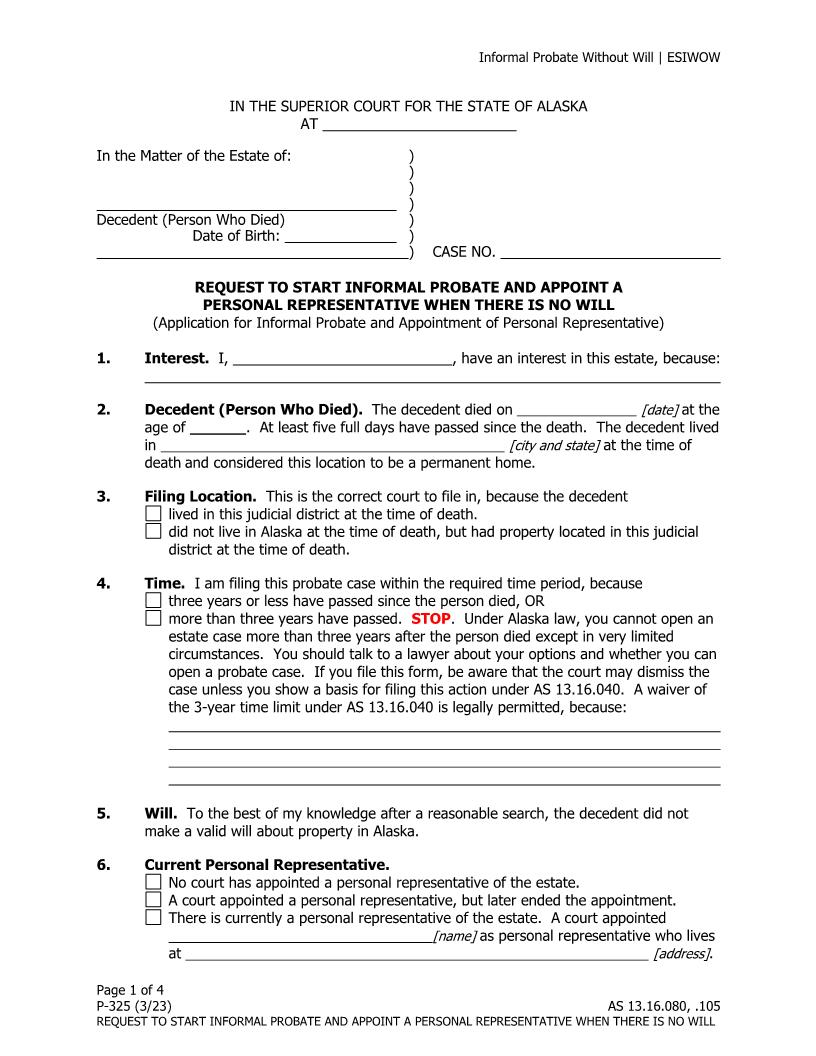 Request To Start Informal Probate And Appoint A Personal Representative When There Is No Will {P-325} | Pdf Fpdf Doc Docx | Alaska