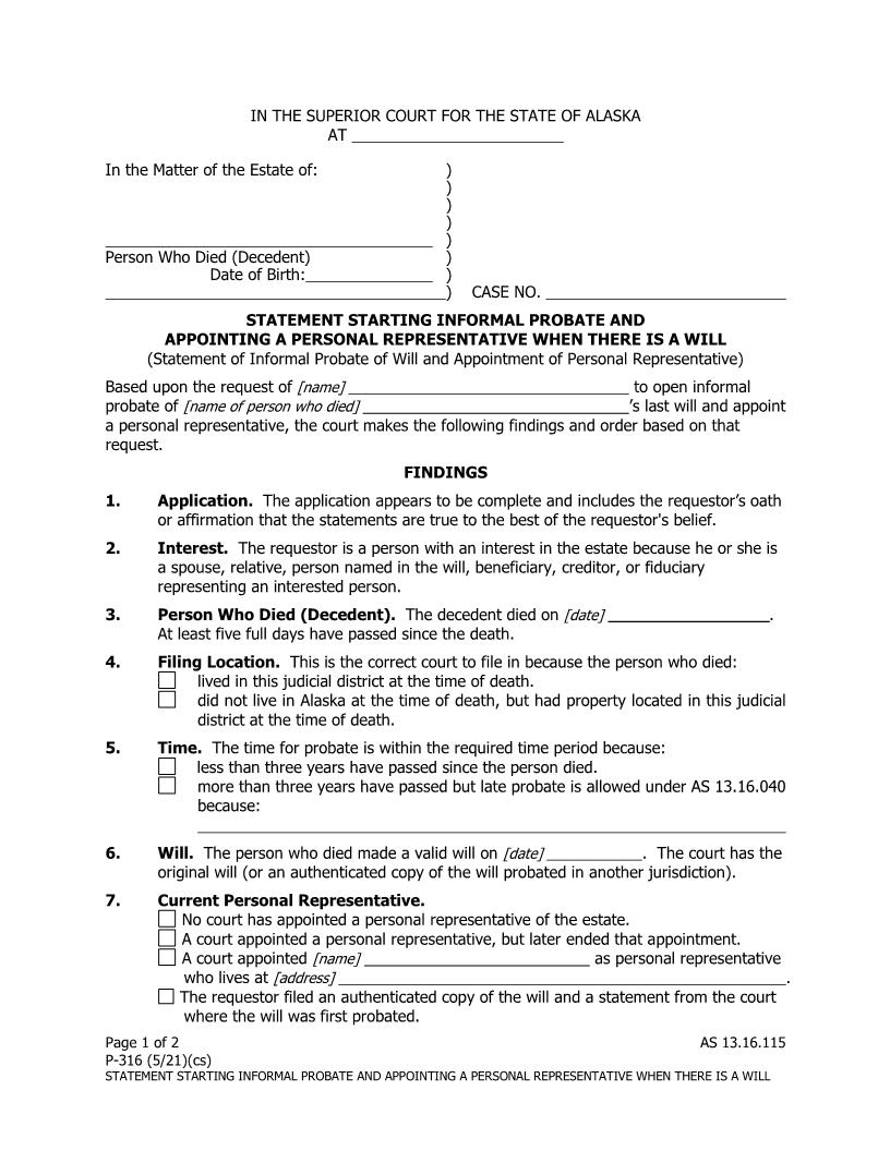 Statement Starting Informal Probate And Appointing A Personal Representative When There is A Will {P-316} | Pdf Fpdf Docx | Alaska