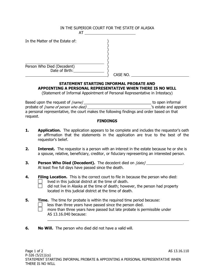 Statement Starting Informal Probate And Appointing A Personal Representative When There is No Will {P-326} | Pdf Fpdf Docx | Alaska