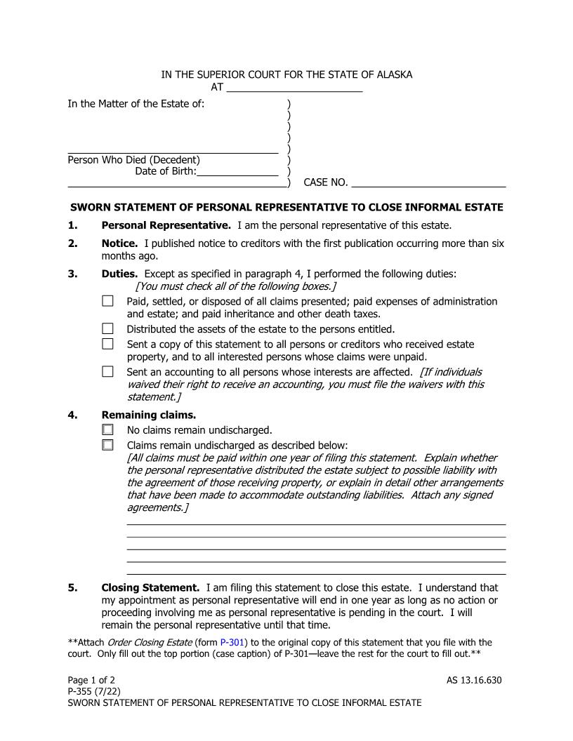 Sworn Statement Of Personal Representative To Close Informal Estate {P-355} | Pdf Fpdf Doc Docx | Alaska