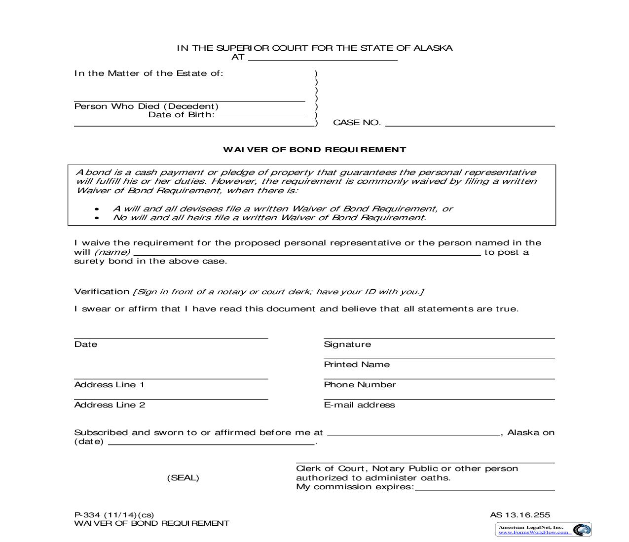 Waiver Of Bond Requirement {P-334} | Pdf Fpdf Doc Docx | Alaska