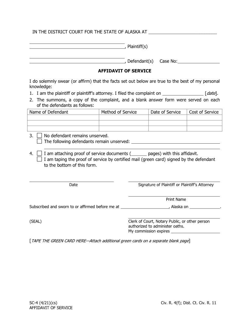 Affidavit Of Service {SC-4} | Pdf Fpdf Docx | Alaska