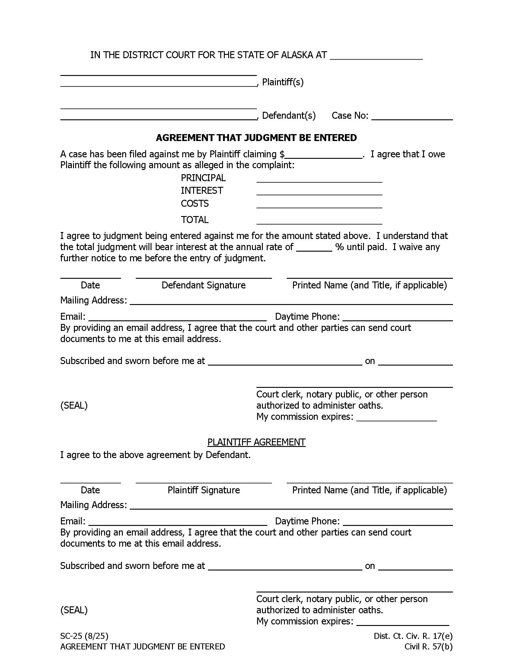 Agreement That Judgment Be Entered {SC-25} | Pdf Fpdf Docx | Alaska