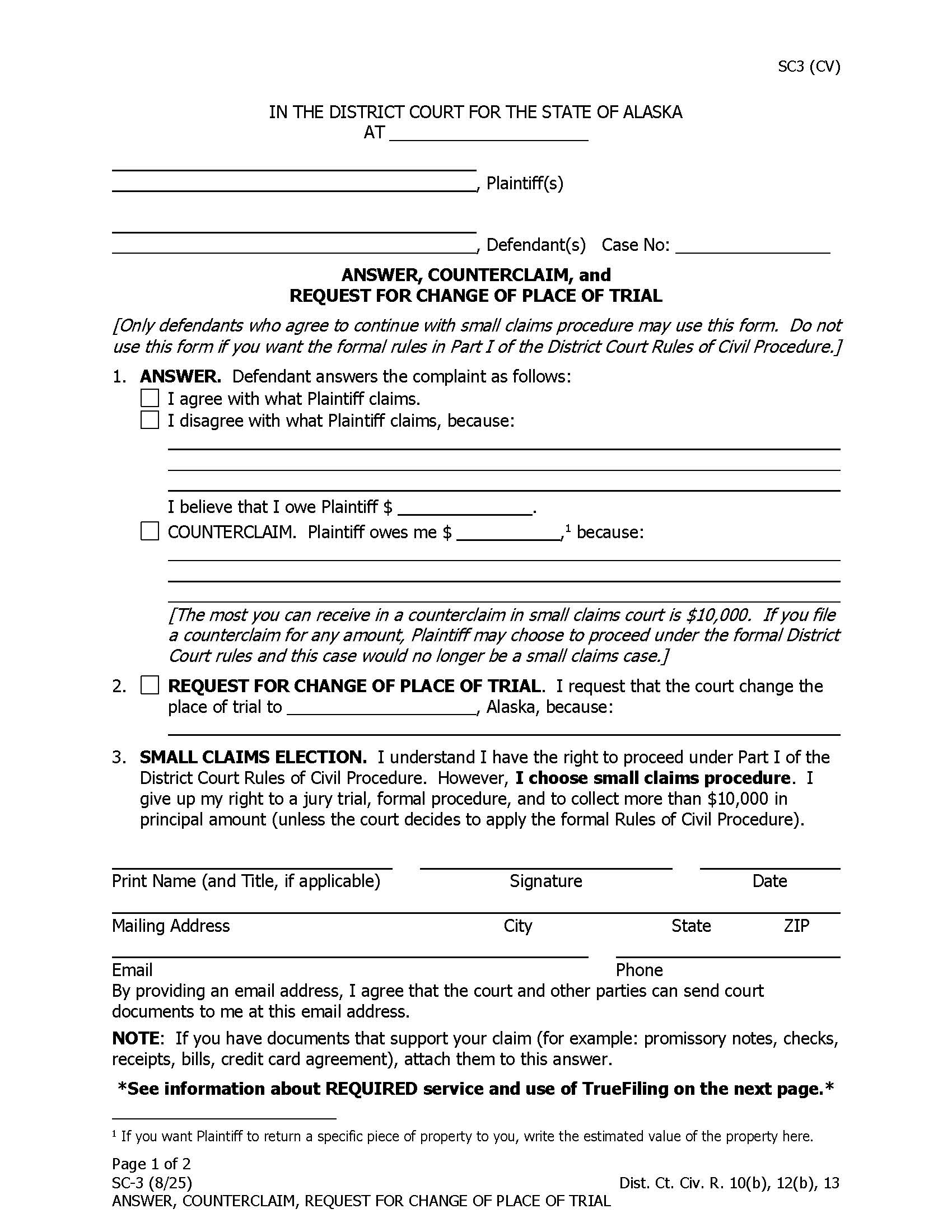 Answer Counterclaim Request For Change Of Place Of Trial {SC-3} | Pdf Fpdf Docx | Alaska