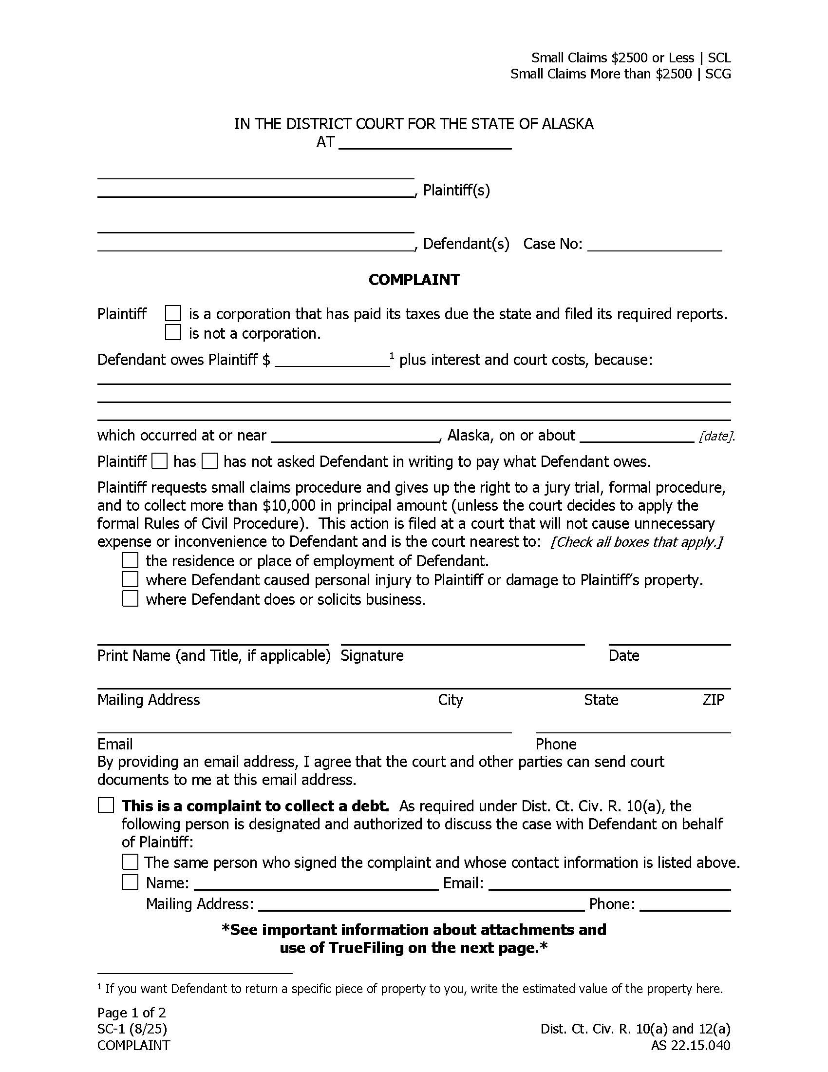 Complaint {SC-1} | Pdf Fpdf Docx | Alaska