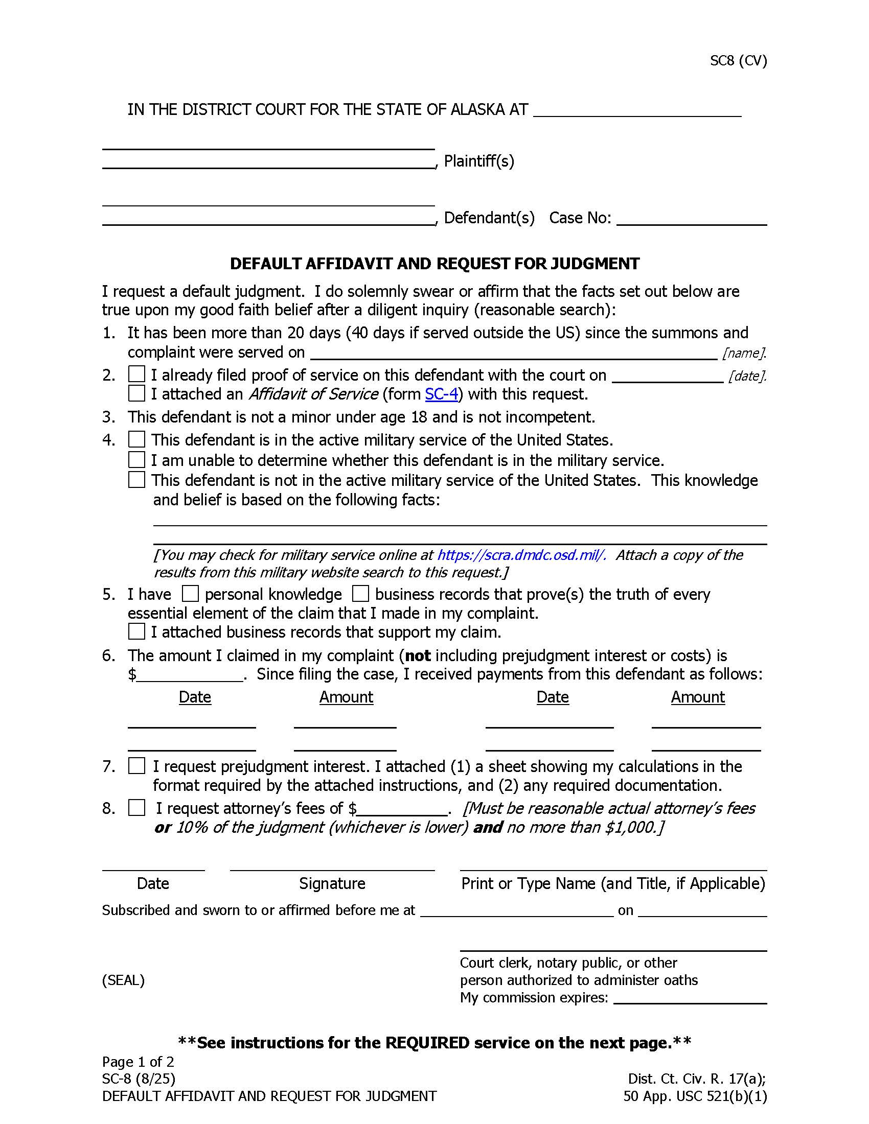 Default Affidavit And Request For Judgment {SC-8} | Pdf Fpdf Docx | Alaska
