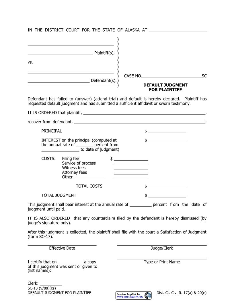 Default Judgment For Plaintiff {SC-13} | Pdf Fpdf Docx | Alaska