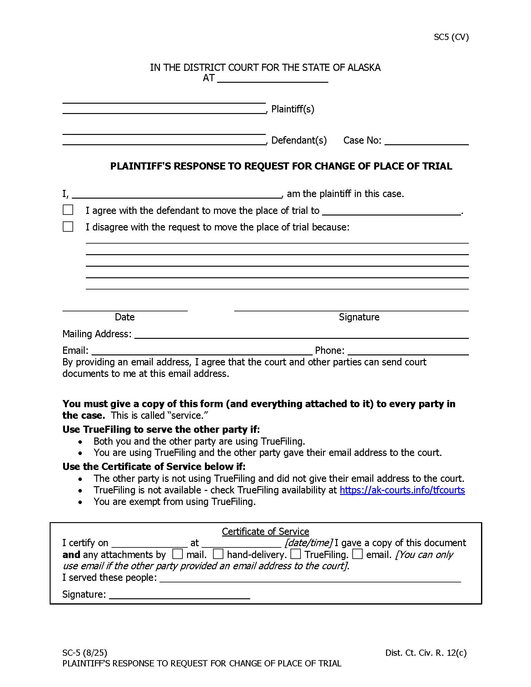 Plaintiffs Response To Request For Change Of Place Of Trial {SC-5} | Pdf Fpdf Docx | Alaska