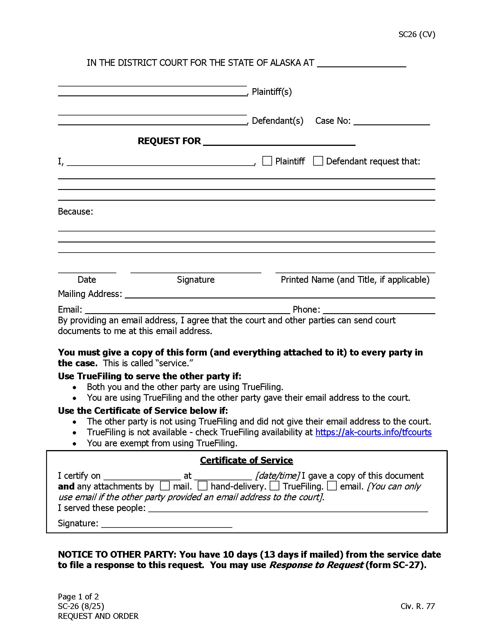 Request And Order {SC-26} | Pdf Fpdf Docx | Alaska