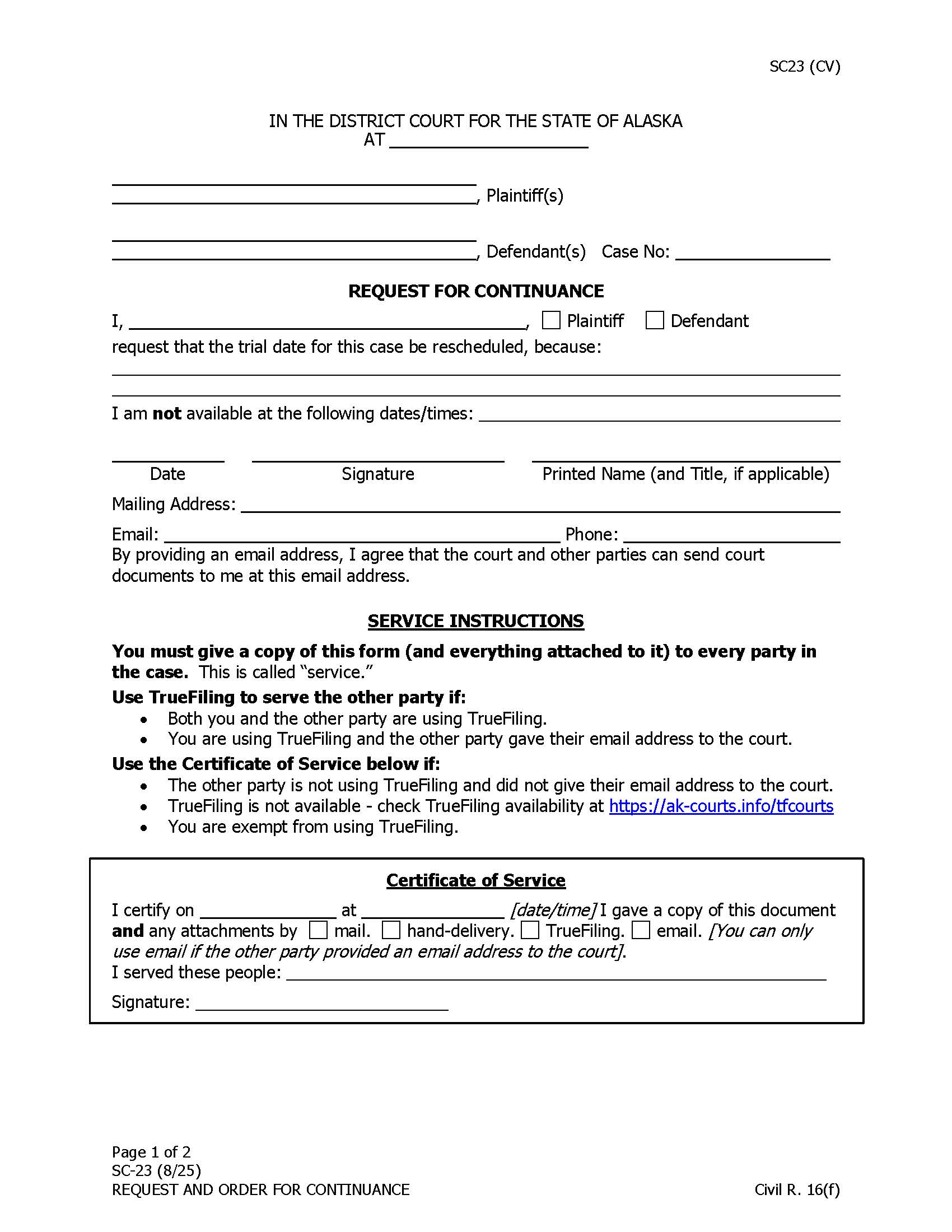 Request Order For Continuance {SC-23} | Pdf Fpdf Doc Docx | Alaska