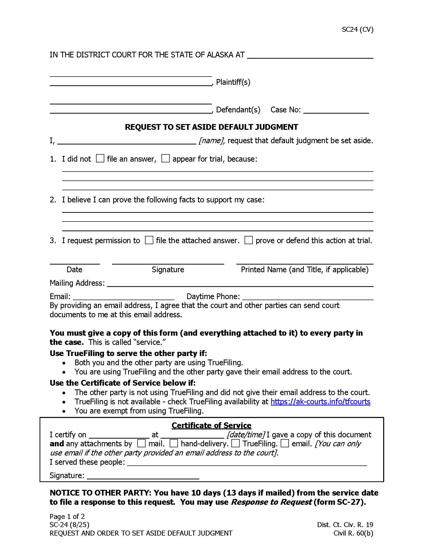 Request Order To Set Aside Default Judgment {SC-24} | Pdf Fpdf Docx | Alaska