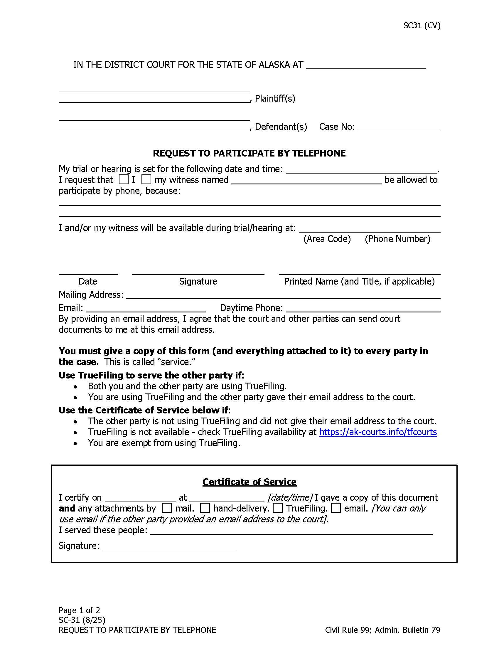 Request To Participate By Telephone {SC-31} | Pdf Fpdf Docx | Alaska