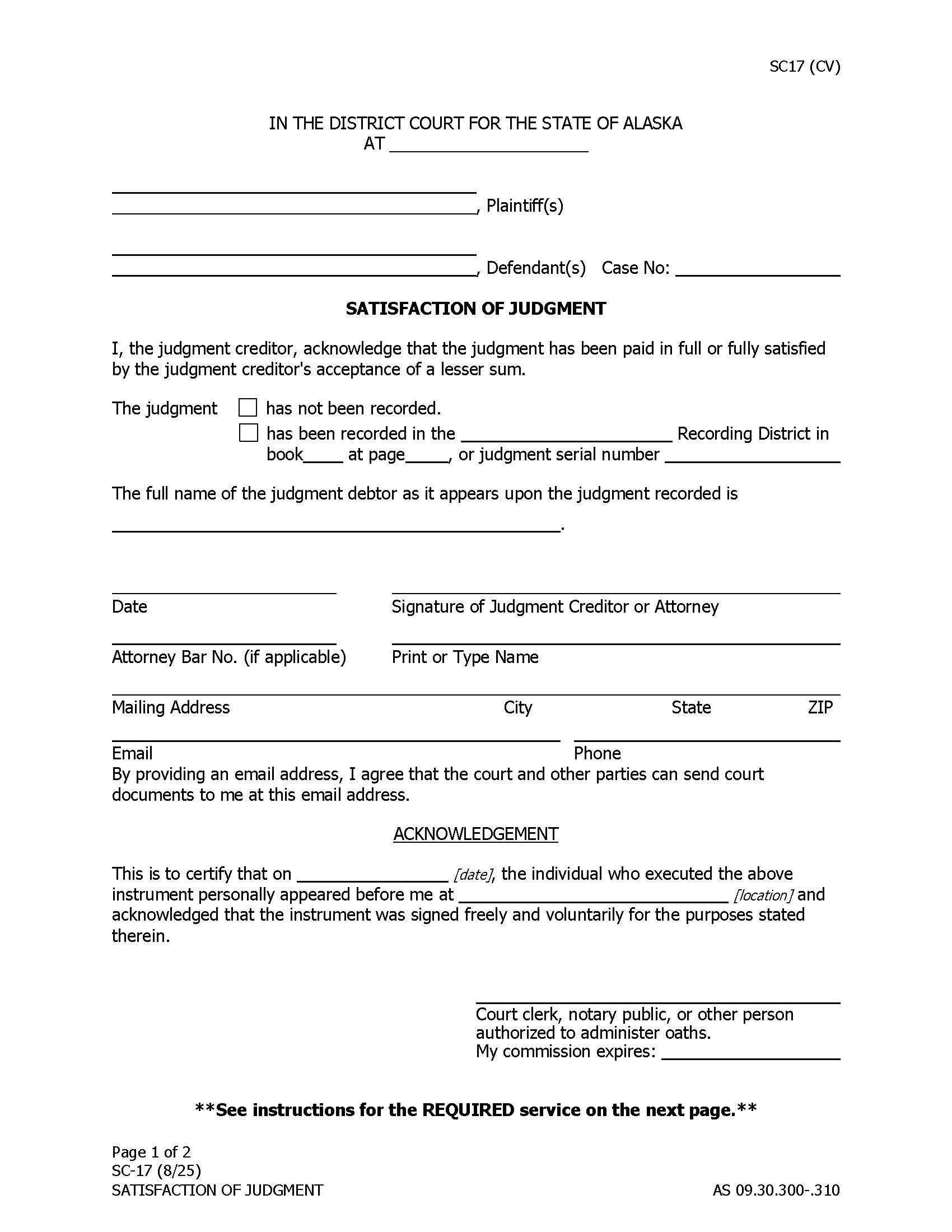 Satisfaction Of Judgment {SC-17} | Pdf Fpdf Docx | Alaska