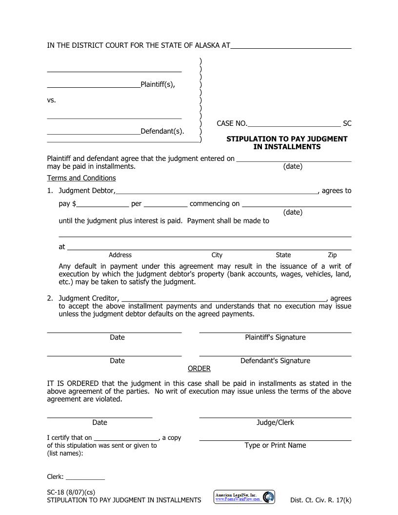 Stipulation To Pay Judgment In Installments {SC-18} | Pdf Fpdf Docx | Alaska