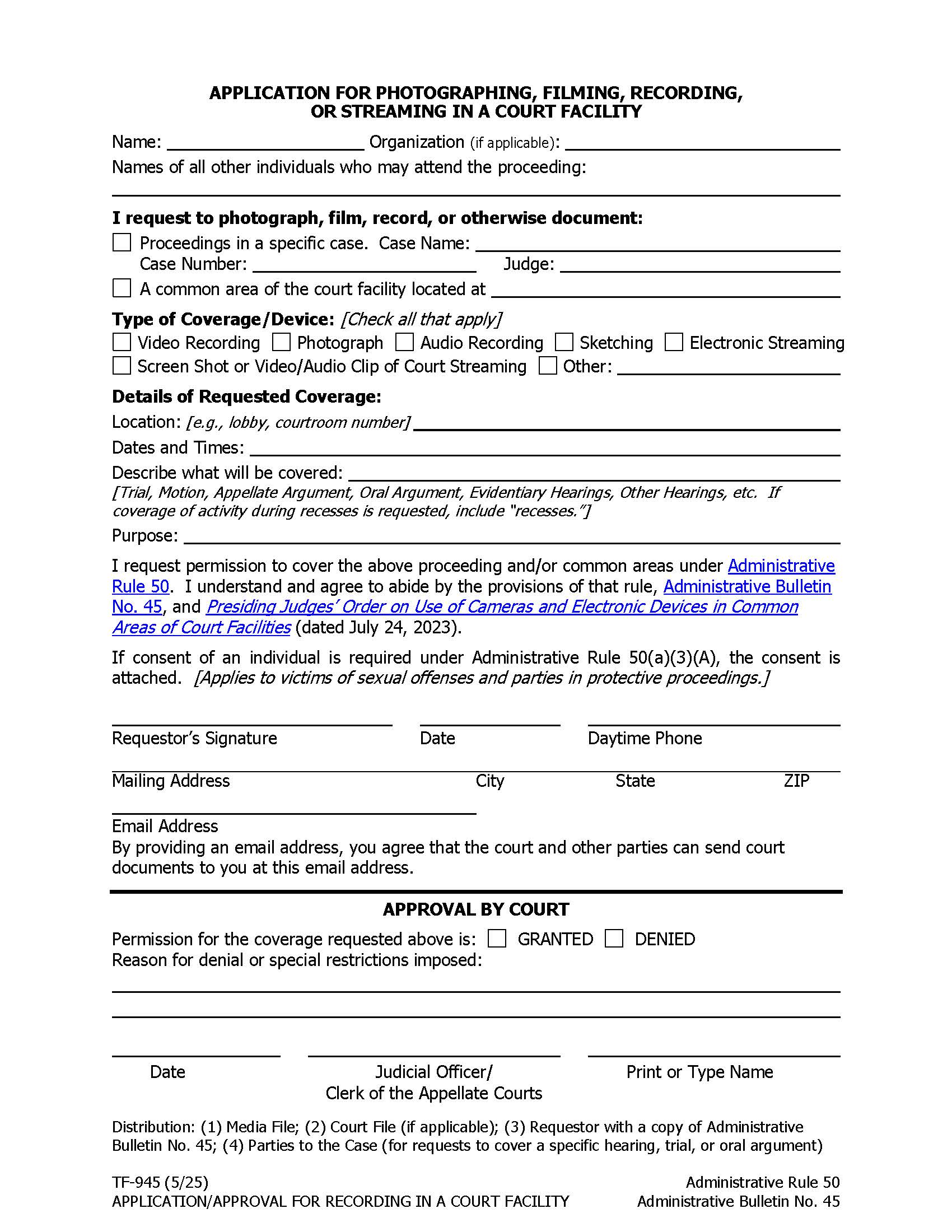 Application For Photographing Filming Recording Court Proceeding {TF-945} | Pdf Fpdf Docx | Alaska