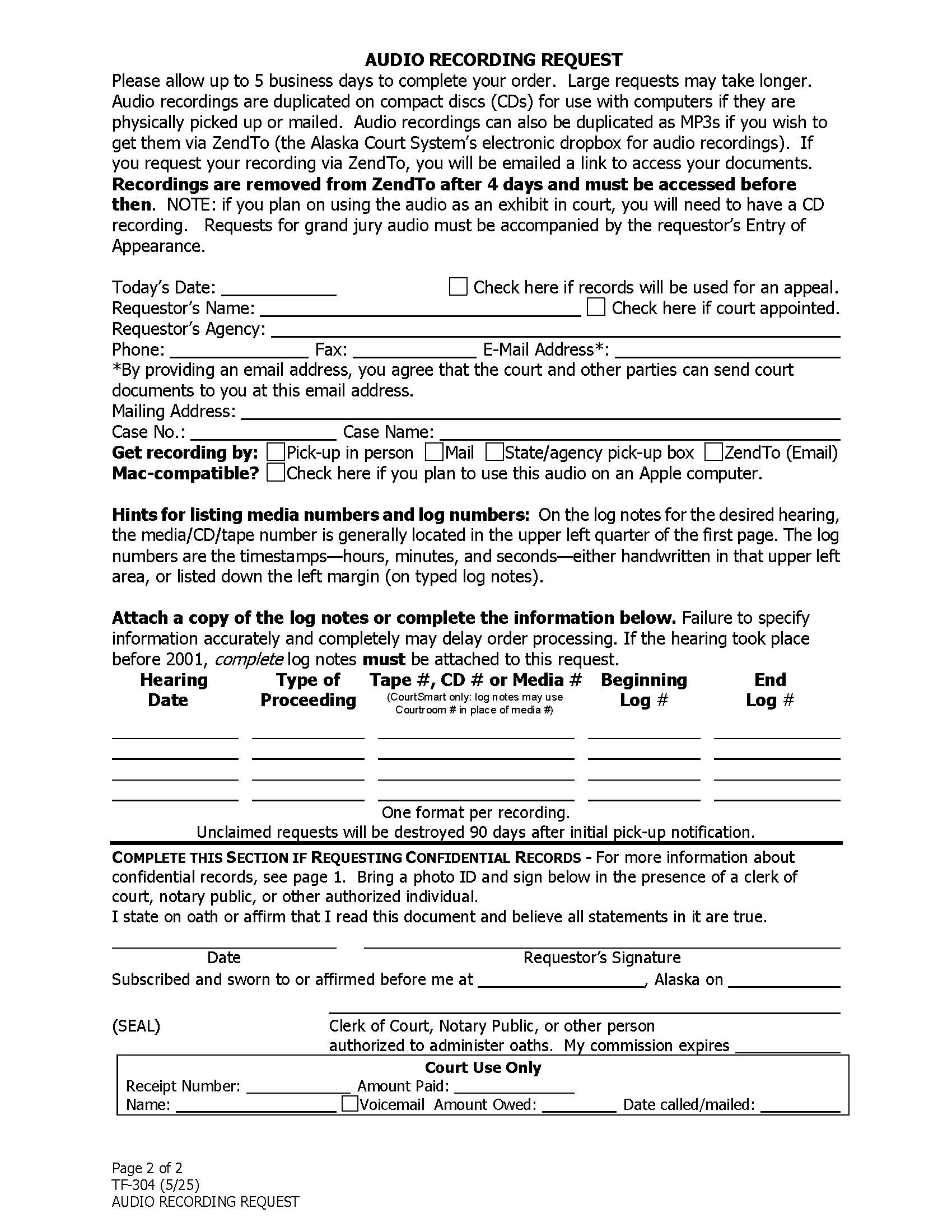 Audio Recording Request {TF-304} | Pdf Fpdf Doc Docx | Alaska