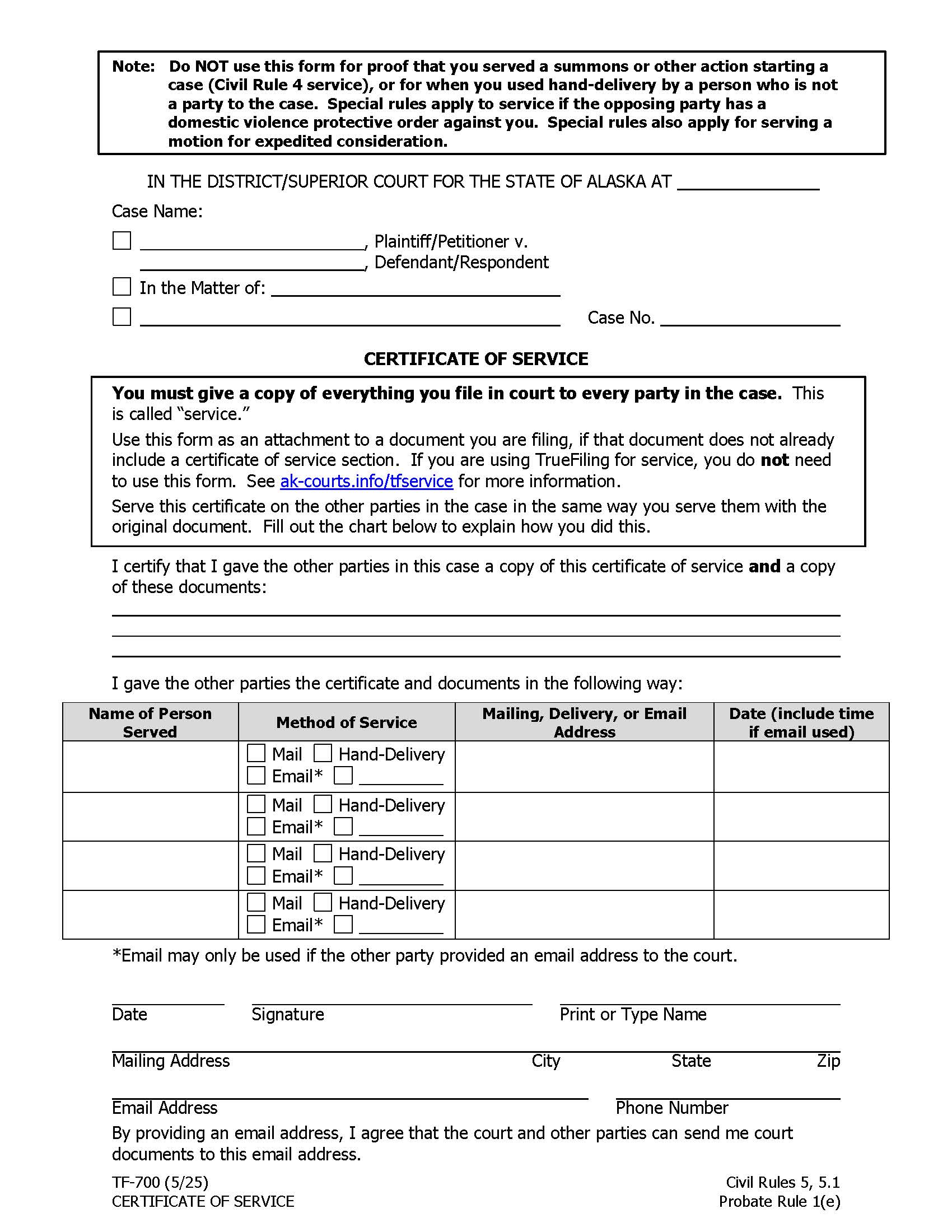 Certificate Of Service {TF-700} | Pdf Fpdf Doc Docx | Alaska