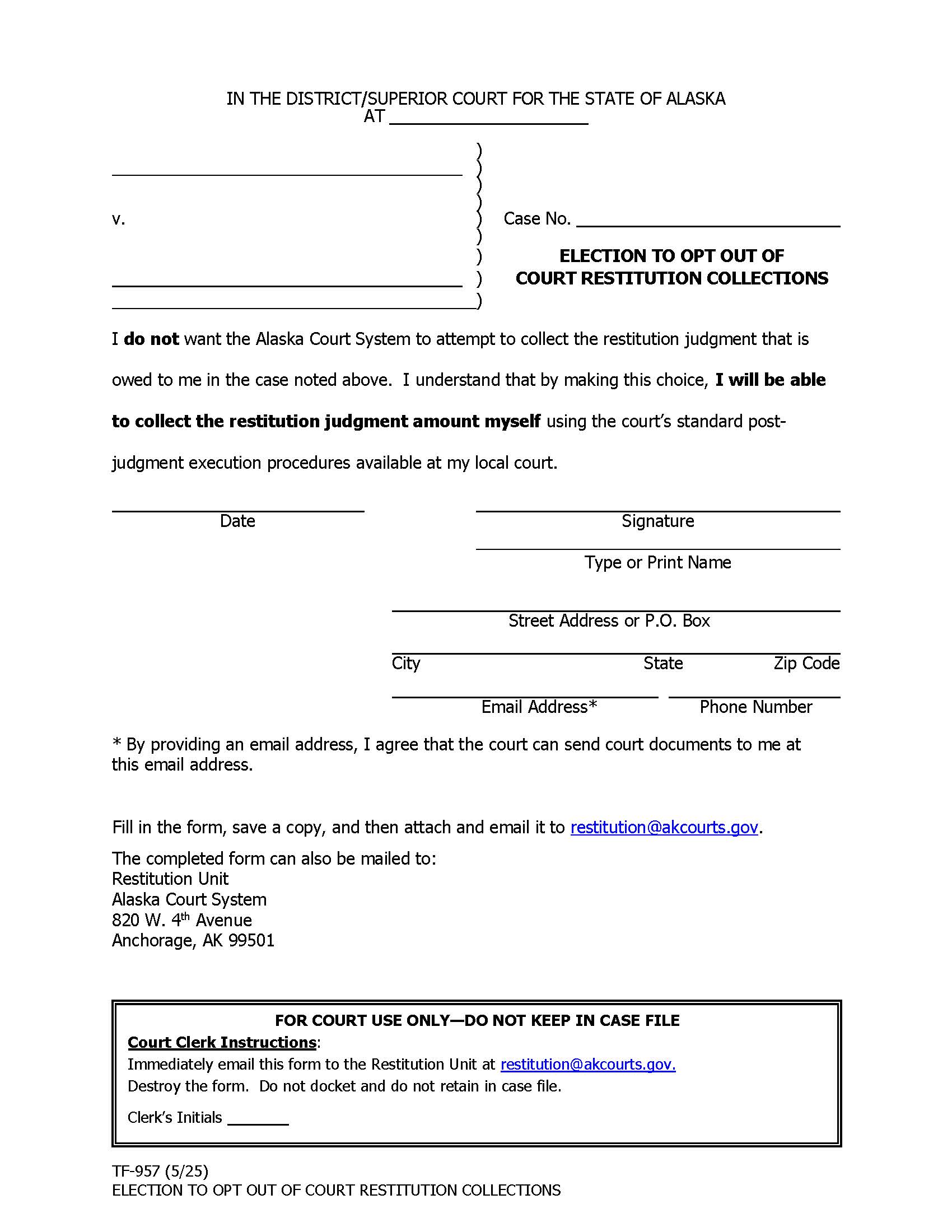 Election To Opt-Out Of Court Restitution Collections {TF-957} | Pdf Fpdf Doc Docx | Alaska