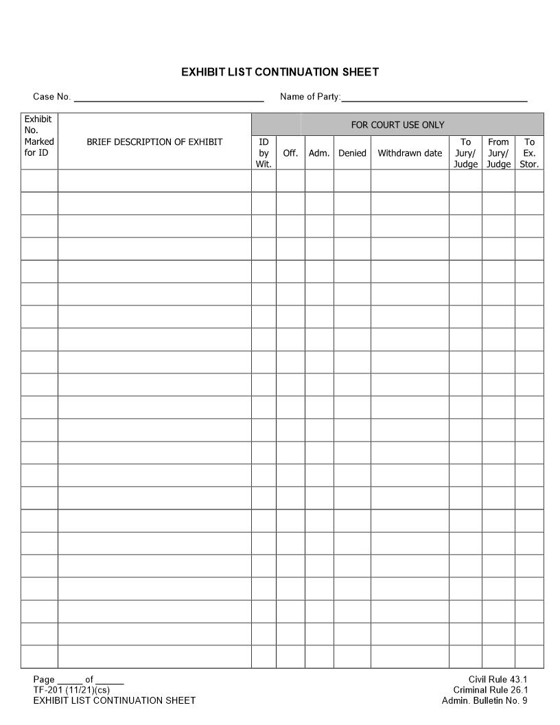 Exhibit List Continuation Sheet {TF-201} | Pdf Fpdf Doc Docx | Alaska