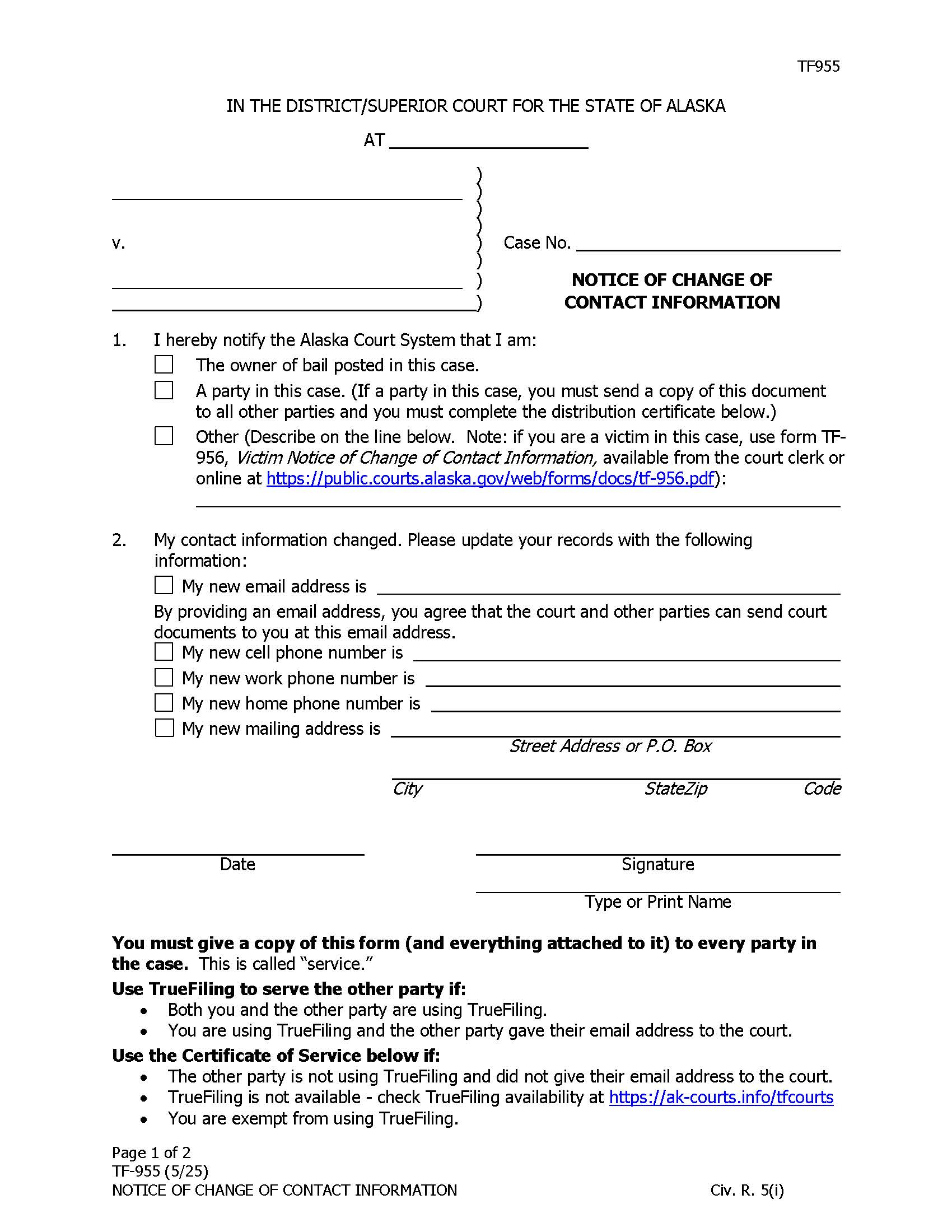 Notice Of Change Of Contact Information {TF-955} | Pdf Fpdf Docx | Alaska