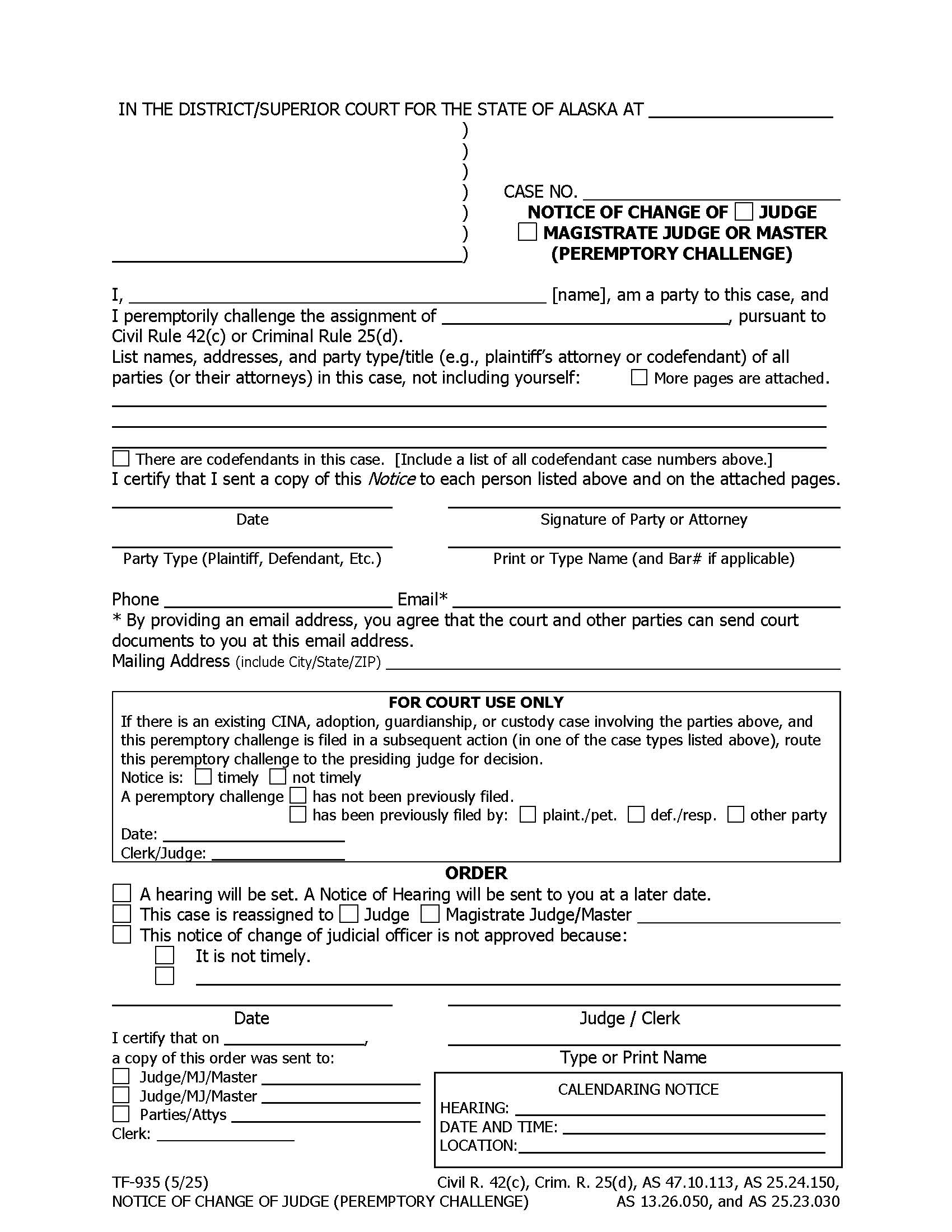 Notice Of Change Of Judge {TF-935} | Pdf Fpdf Docx | Alaska