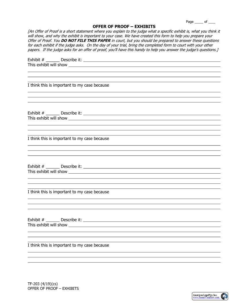Offer Of Proof (Exhibits) {TF-203} | Pdf Fpdf Docx | Alaska