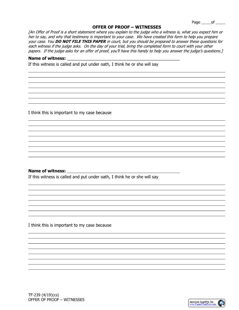 Offer Of Proof (Witnesses) {TF-239} | Pdf Fpdf Docx | Alaska