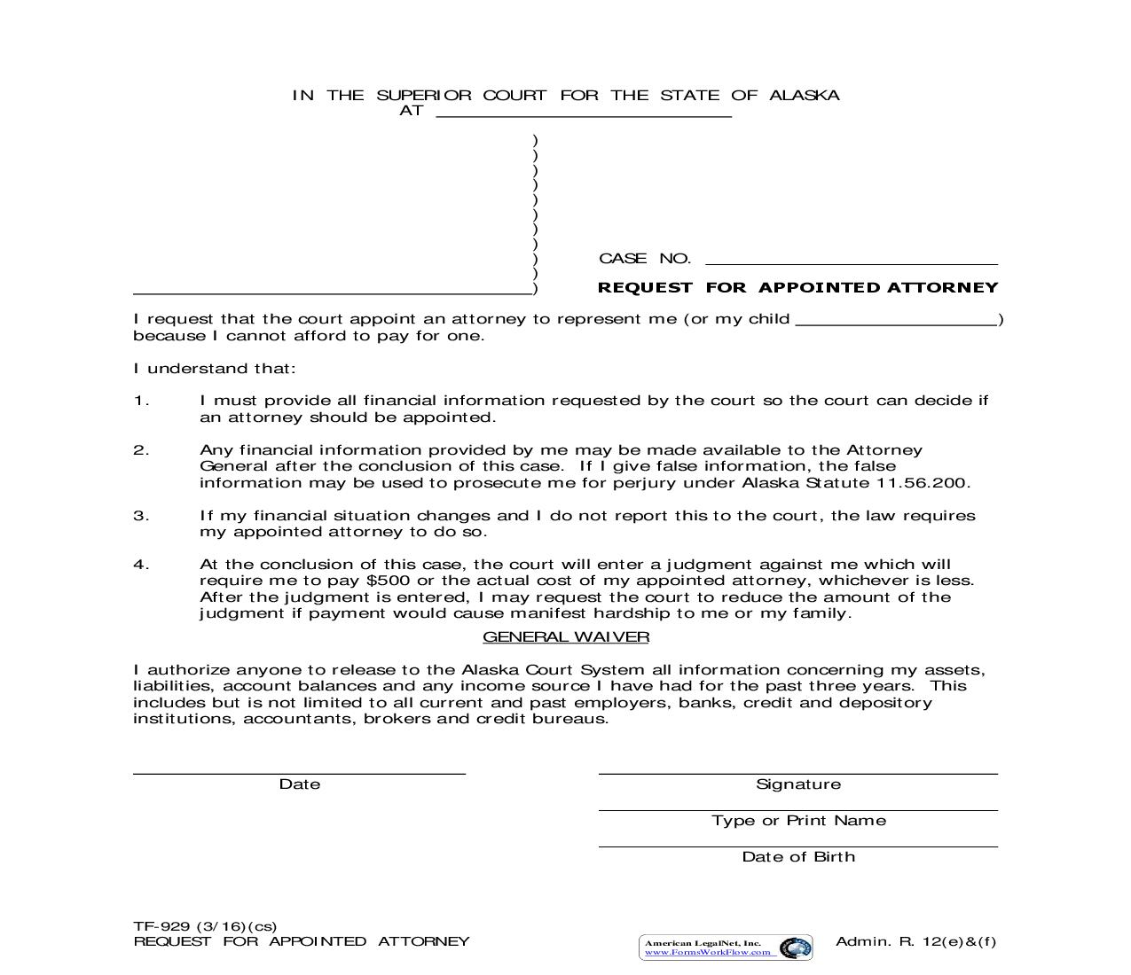 Request For Appointed Attorney {TF-929} | Pdf Fpdf Doc Docx | Alaska