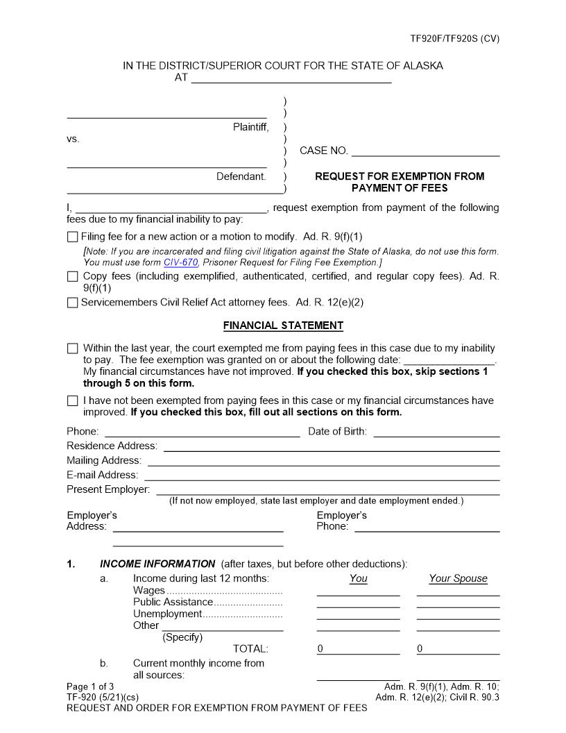 Request For Exemption From Payment Of Fees And Order {TF-920} | Pdf Fpdf Docx | Alaska