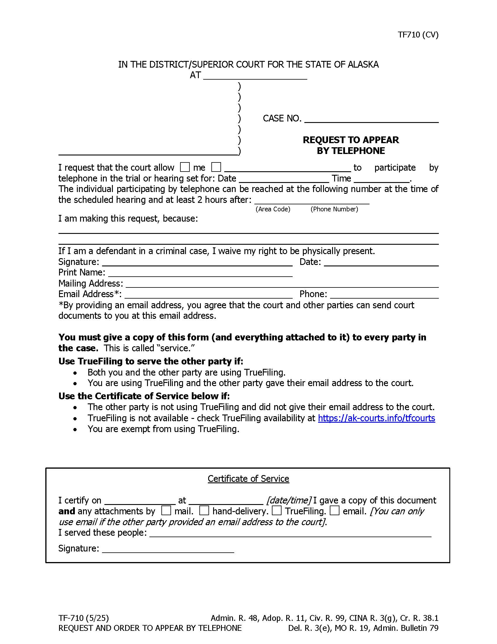 Request To Appear By Telephone {TF-710} | Pdf Fpdf Docx | Alaska