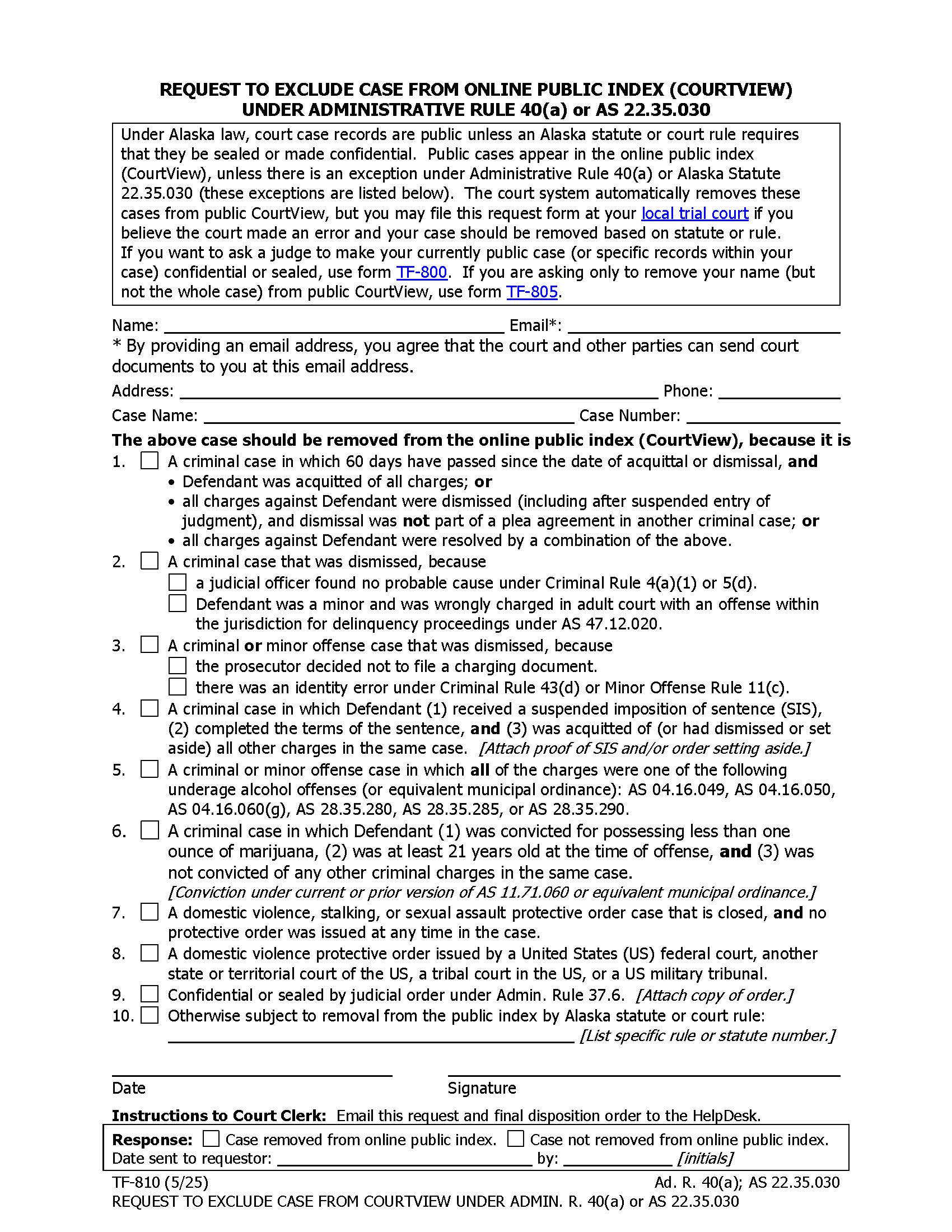 Request To Exclude Case From Online Public Index Courtview {TF-810} | Pdf Fpdf Docx | Alaska