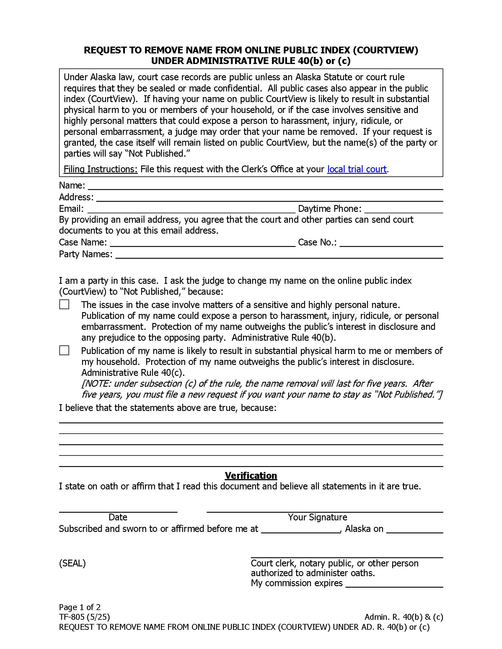 Request To Remove Name From Courtview {TF-805} | Pdf Fpdf Doc Docx | Alaska