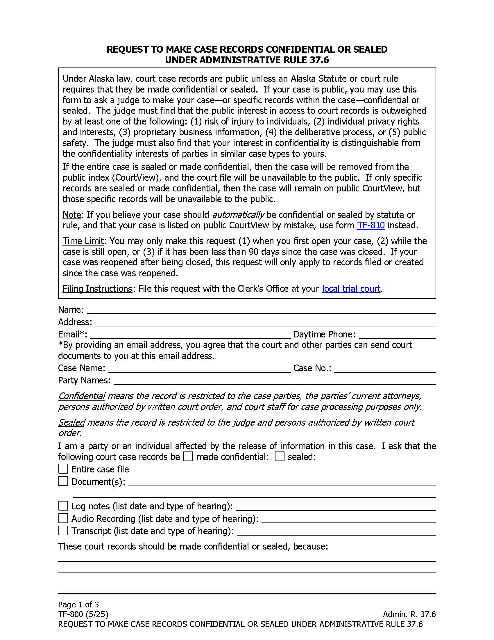 Request To Seal Or Make Case Records Confidential {TF-800} | Pdf Fpdf Docx | Alaska
