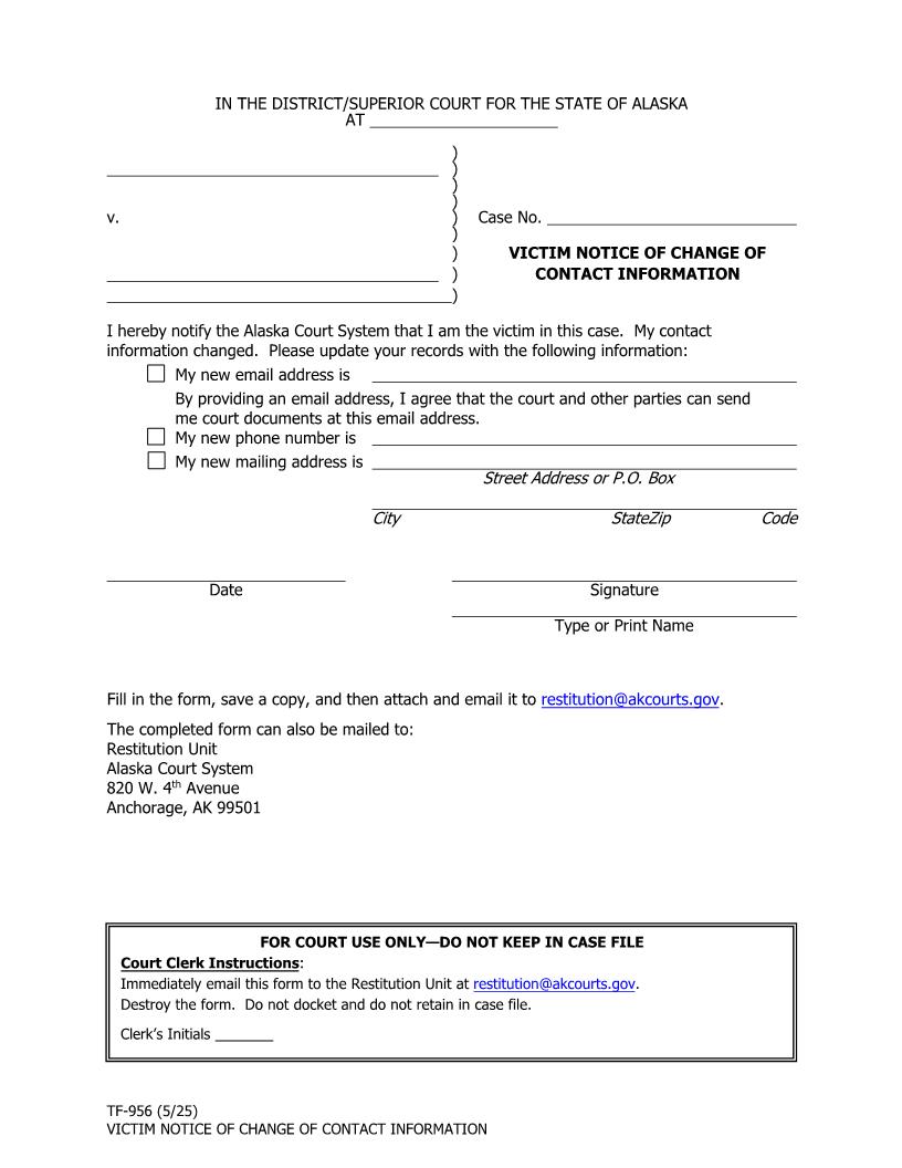 Victim Notice Of Change Of Contact Information {TF-956} | Pdf Fpdf Docx | Alaska
